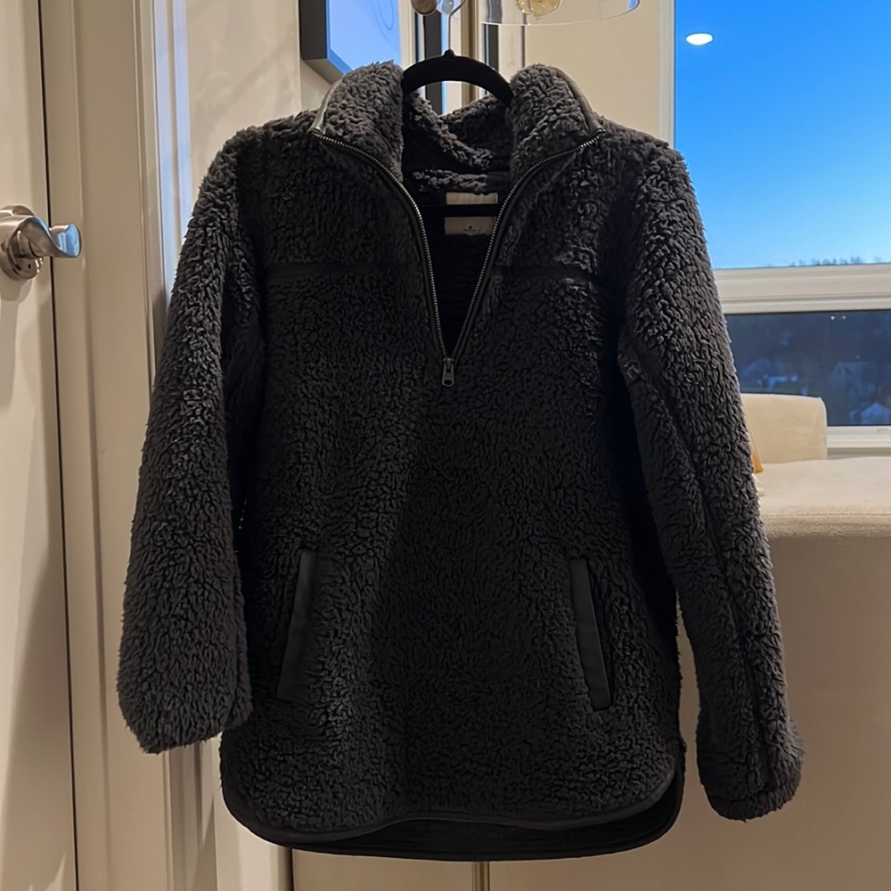Worn once, A&F Sherpa sweater, size M, very warm, color grey, fuzzy, warm